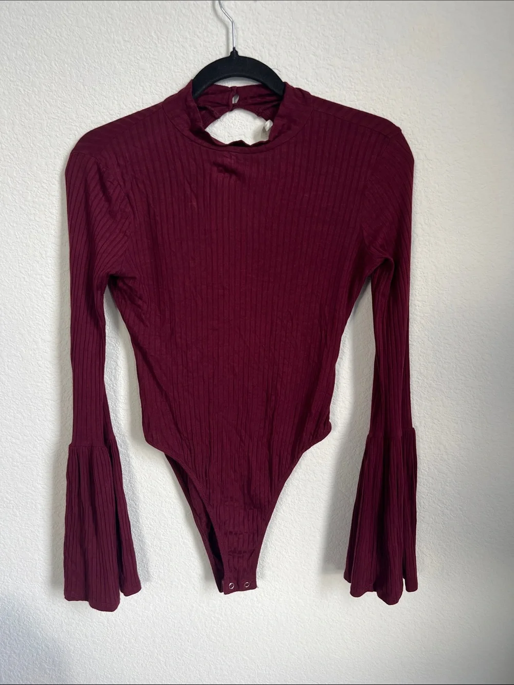 Women's Ribbed Long-Sleeve Burgundy One-Piece Bodysuit